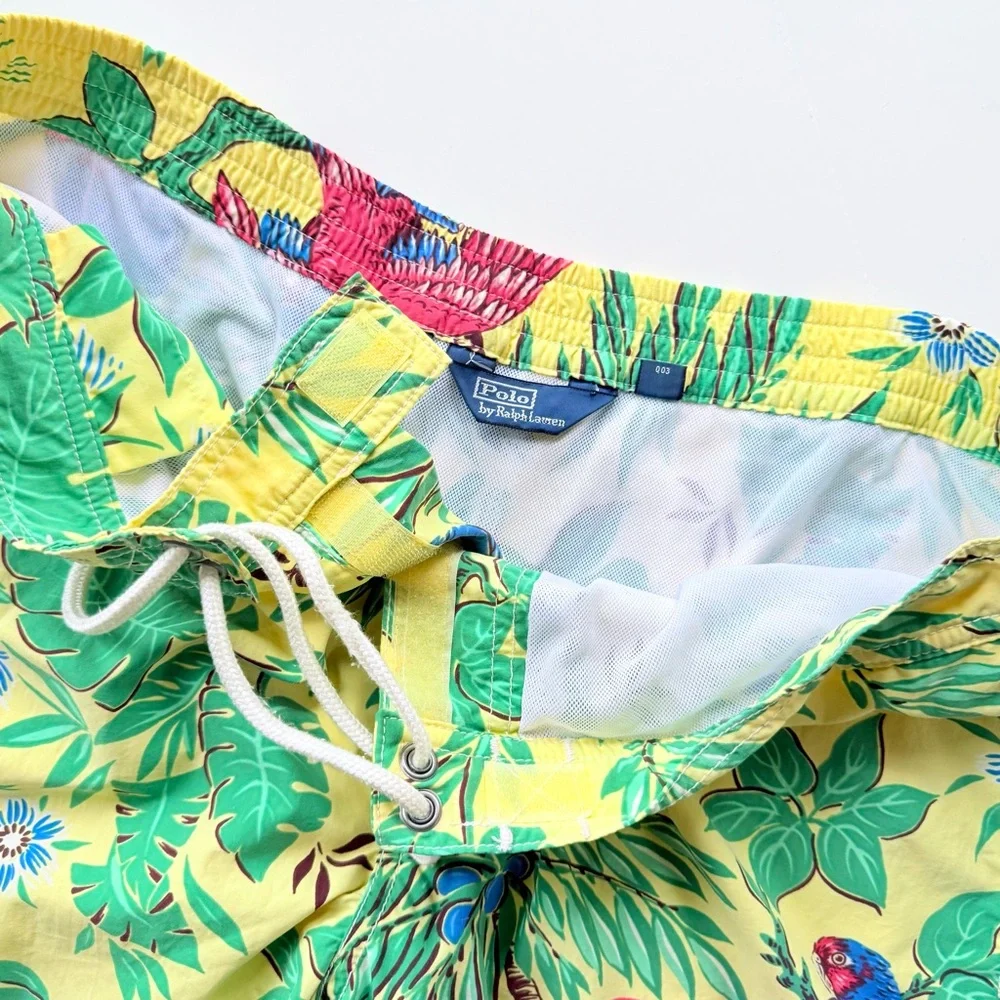 Vintage Polo Ralph Lauren Yellow Tropical Parrot Print Swim Trunks Size M
